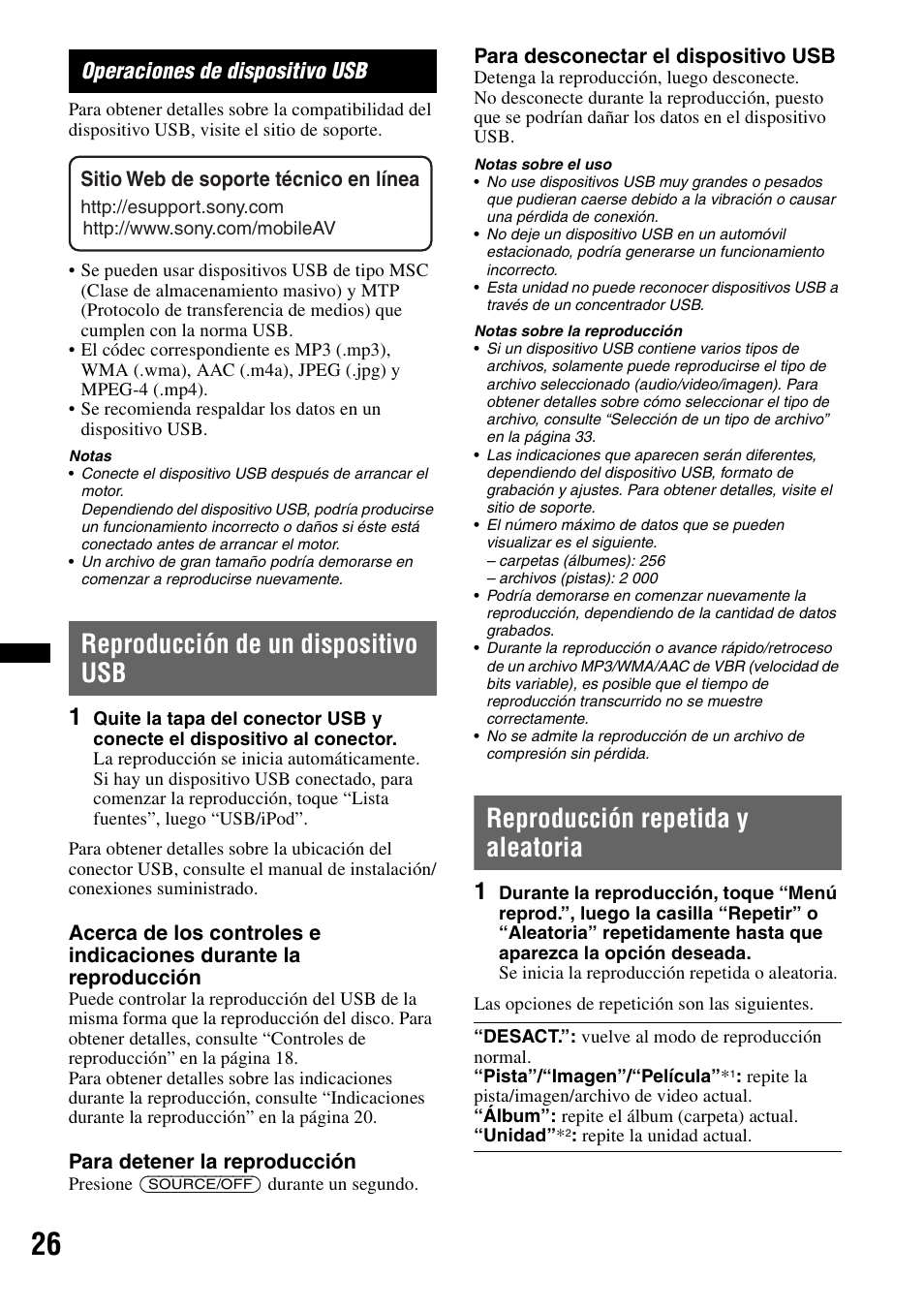 Operaciones de dispositivo usb, Reproducción de un dispositivo usb, Reproducción repetida y aleatoria | Sony XAV-70BT User Manual | Page 170 / 220