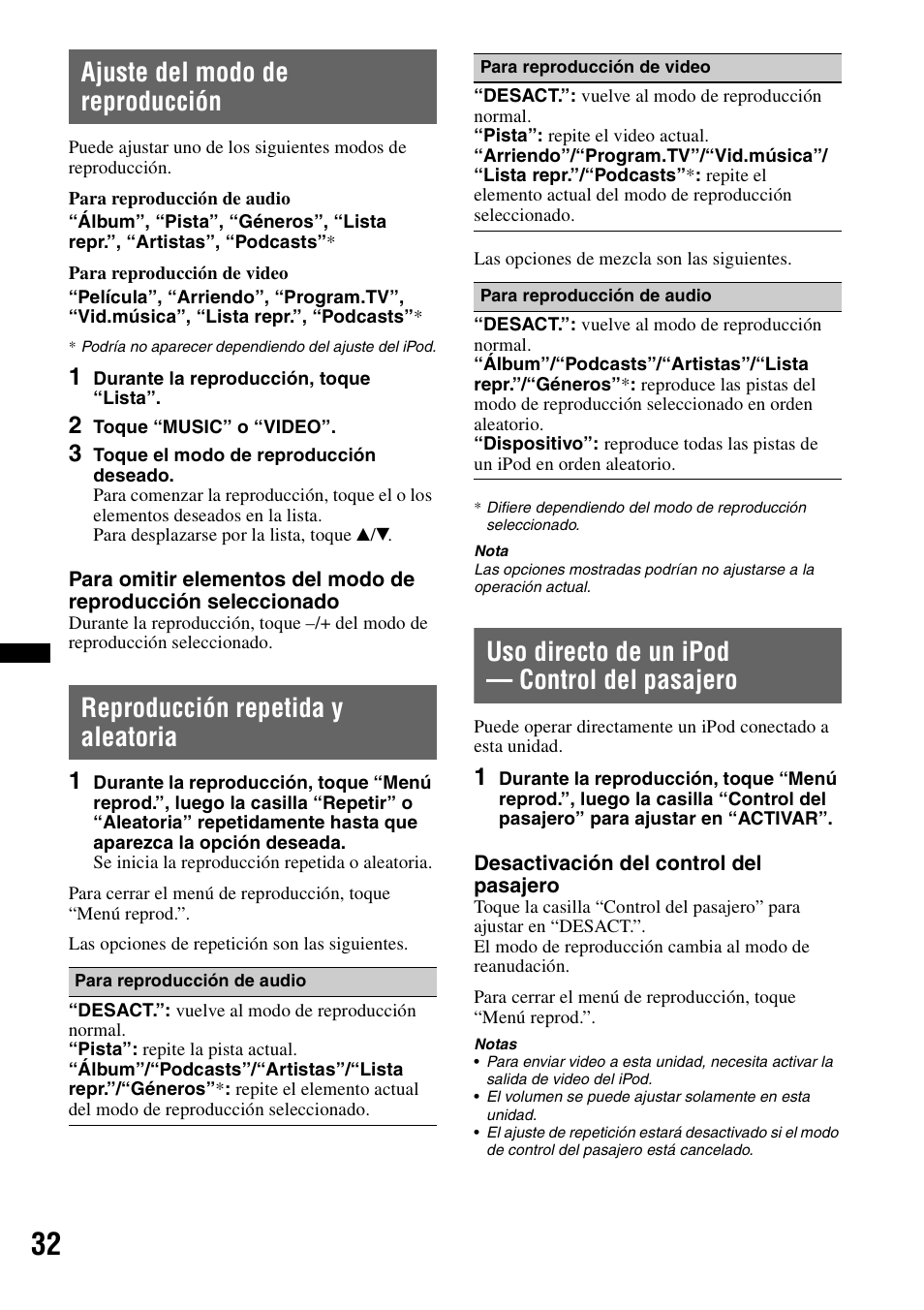 Ajuste del modo de reproducción, Reproducción repetida y aleatoria, Uso directo de un ipod — control del pasajero | Sony XAV-70BT User Manual | Page 176 / 220