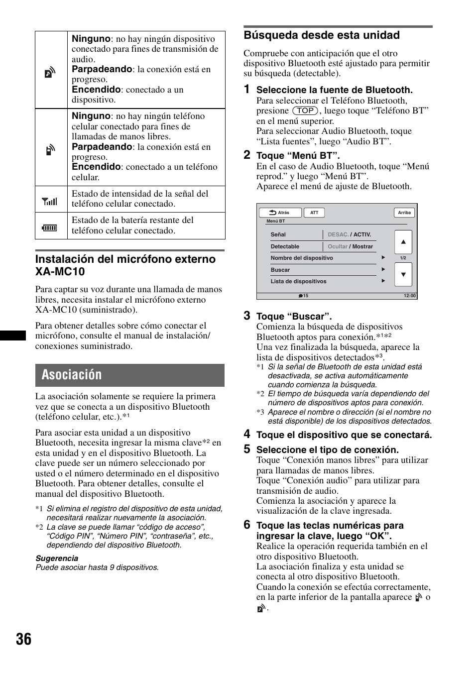 Instalación del micrófono externo xa-mc10, Asociación, Búsqueda desde esta unidad | Sony XAV-70BT User Manual | Page 180 / 220