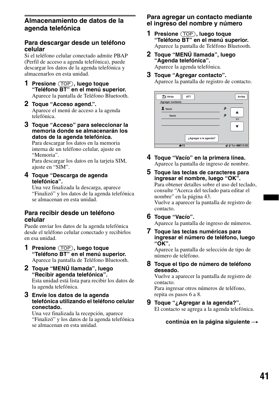 Almacenamiento de datos de la agenda telefónica | Sony XAV-70BT User Manual | Page 185 / 220