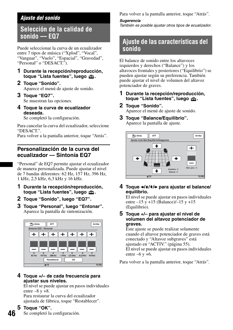 Ajuste del sonido, Selección de la calidad de sonido — eq7, Ajuste de las características del sonido | Sony XAV-70BT User Manual | Page 190 / 220