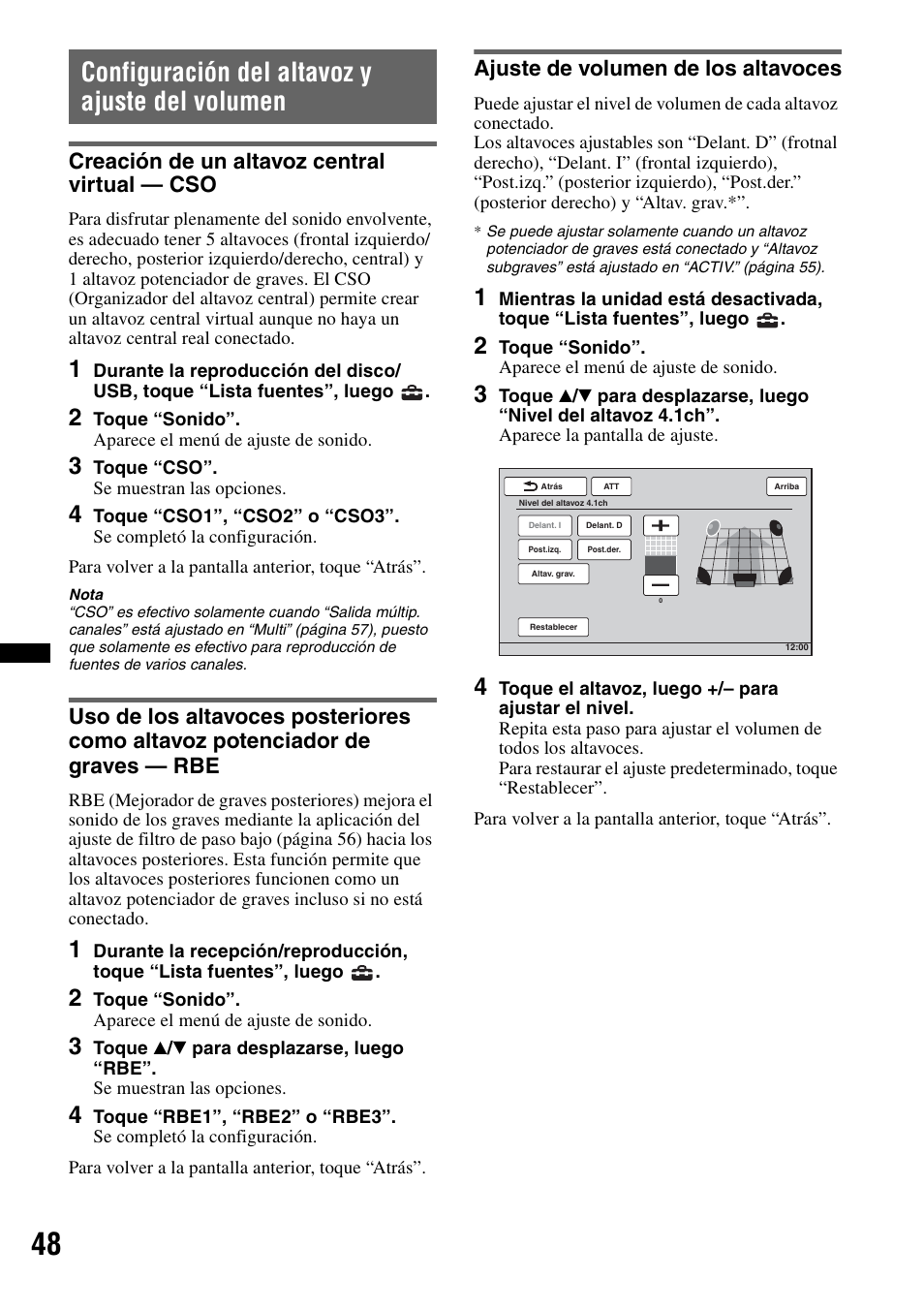 Configuración del altavoz y ajuste del volumen, Creación de un altavoz central virtual — cso, Ajuste de volumen de los altavoces | Sony XAV-70BT User Manual | Page 192 / 220