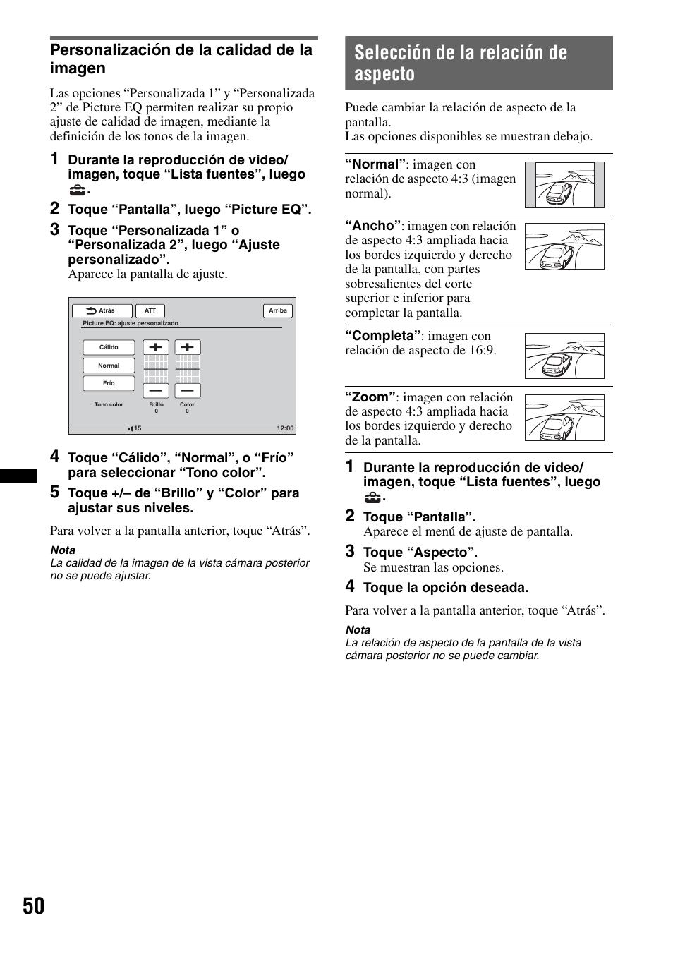 Personalización de la calidad de la imagen, Selección de la relación de aspecto | Sony XAV-70BT User Manual | Page 194 / 220