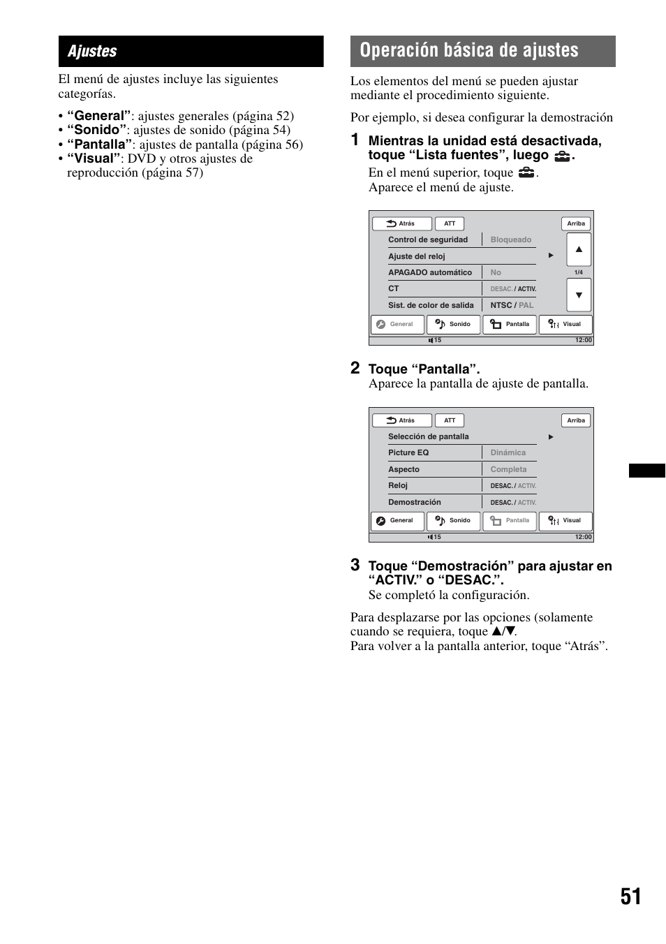 Ajustes, Operación básica de ajustes | Sony XAV-70BT User Manual | Page 195 / 220