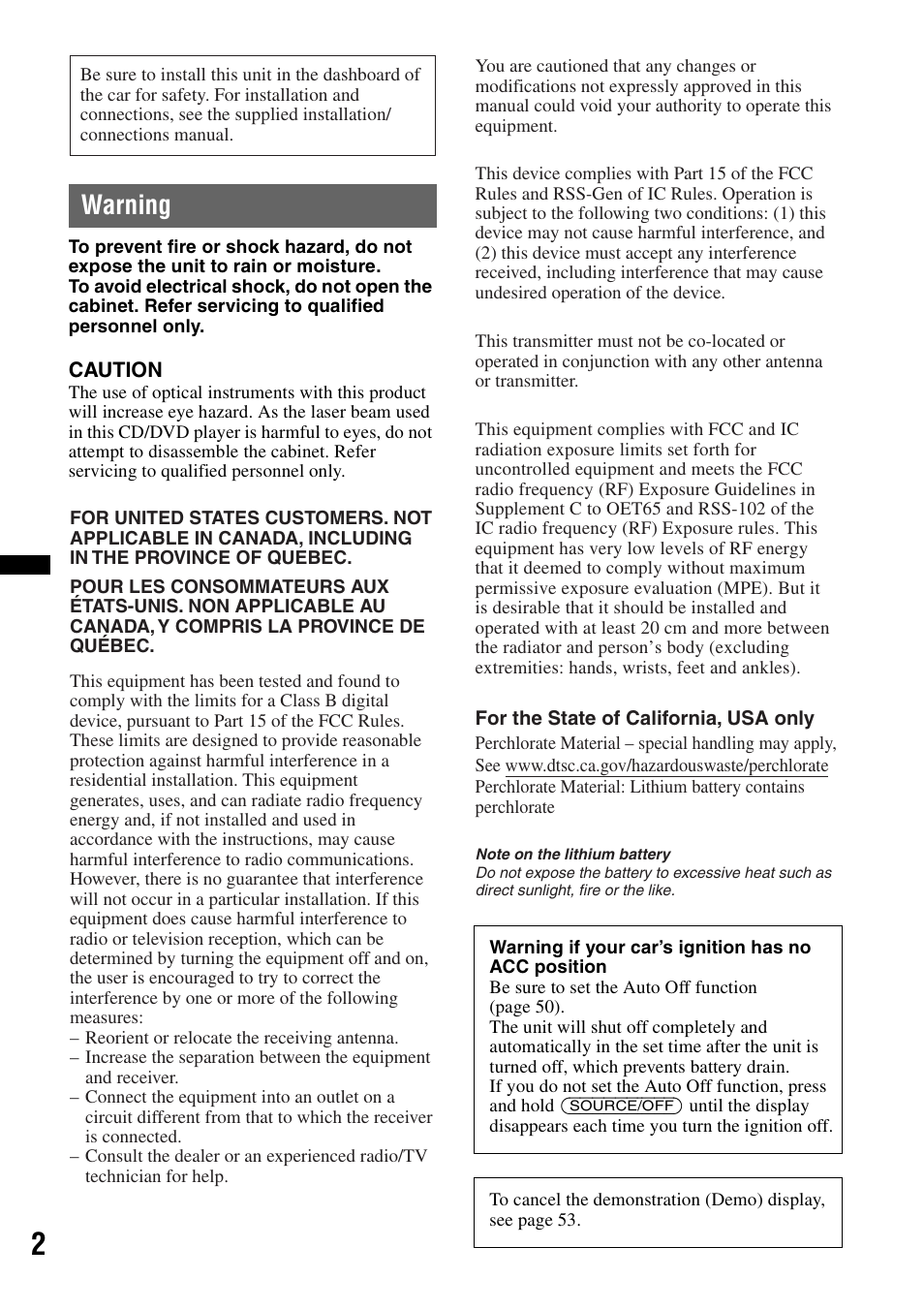 Warning | Sony XAV-70BT User Manual | Page 2 / 220