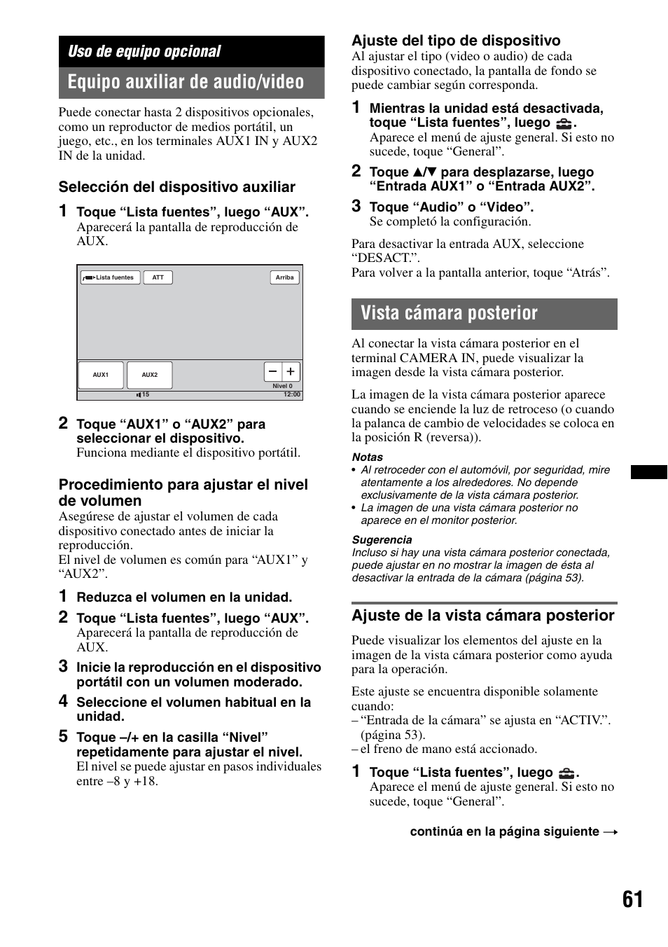 Uso de equipo opcional, Equipo auxiliar de audio/video, Vista cámara posterior | Ajuste de la vista cámara posterior | Sony XAV-70BT User Manual | Page 205 / 220