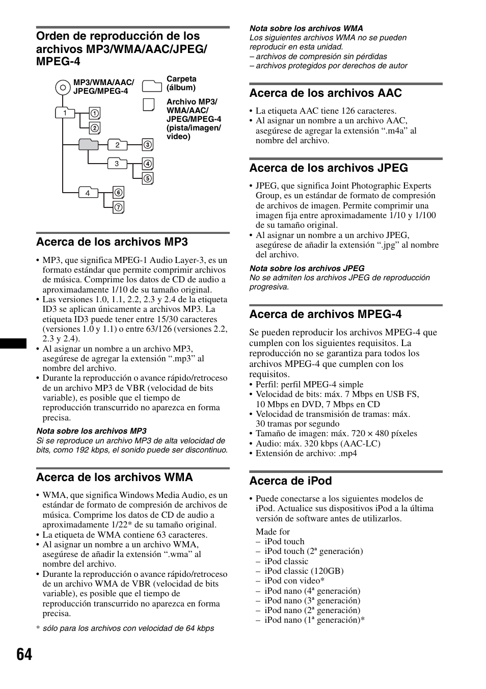 Acerca de los archivos mp3, Acerca de los archivos wma, Acerca de los archivos aac | Acerca de los archivos jpeg, Acerca de archivos mpeg-4, Acerca de ipod | Sony XAV-70BT User Manual | Page 208 / 220