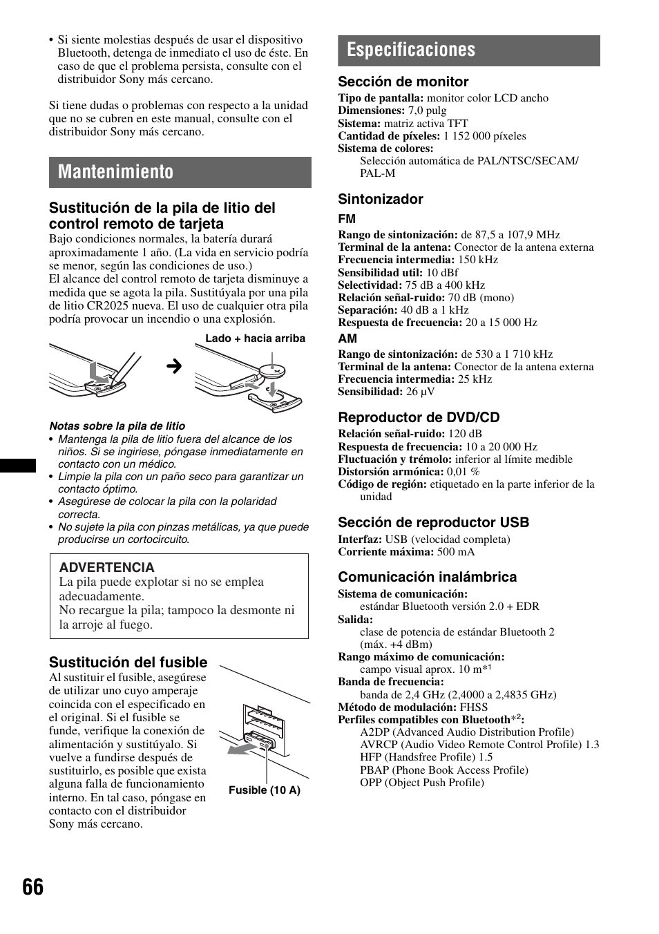 Mantenimiento, Especificaciones, Sustitución del fusible | Sony XAV-70BT User Manual | Page 210 / 220