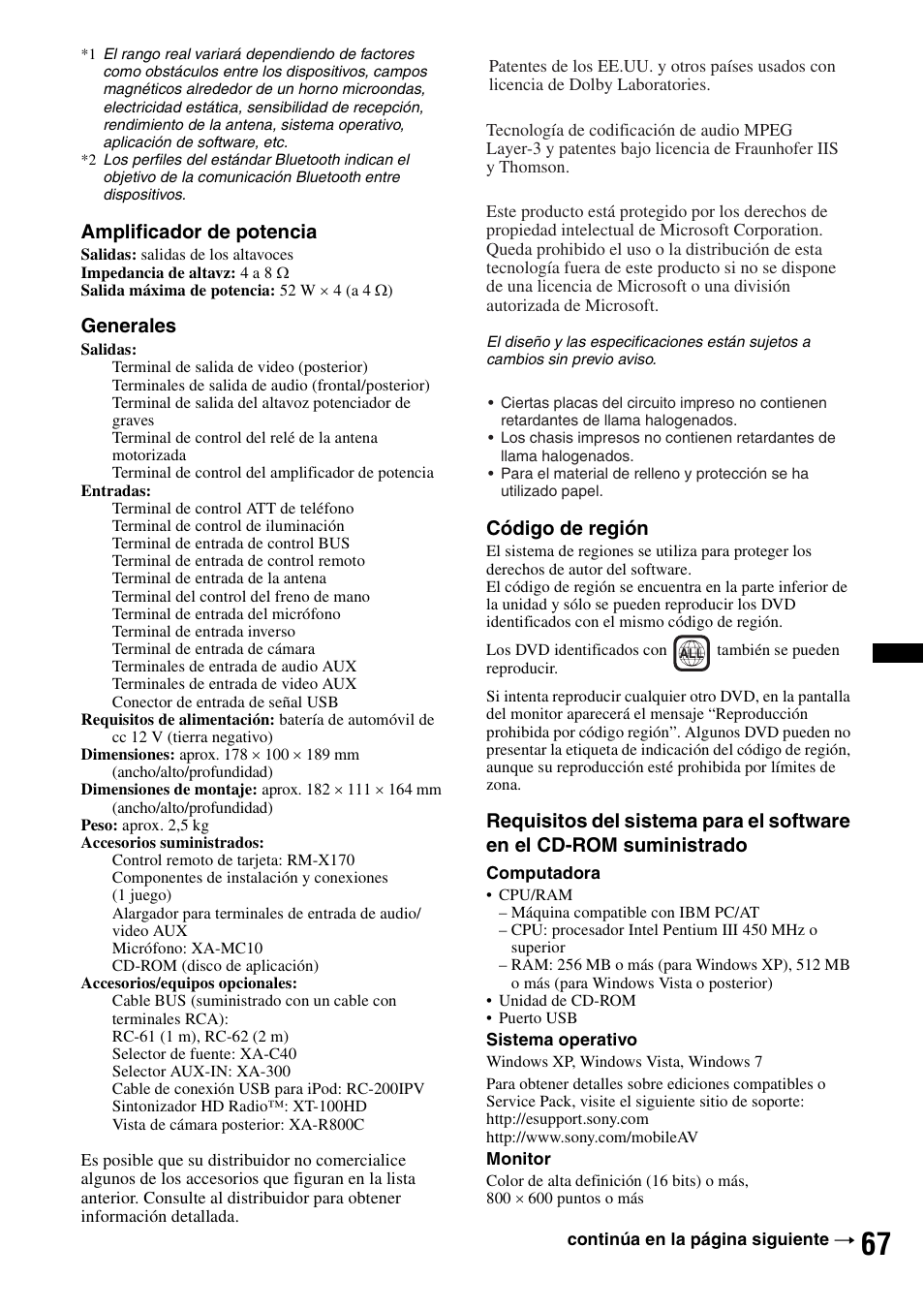 Amplificador de potencia, Generales, Código de región | Sony XAV-70BT User Manual | Page 211 / 220