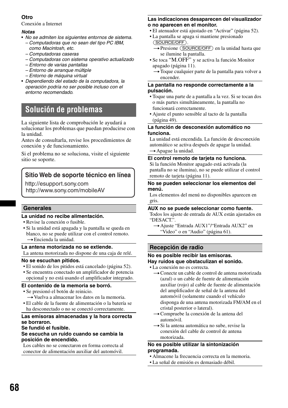 Solución de problemas, Sitio web de soporte técnico en línea | Sony XAV-70BT User Manual | Page 212 / 220