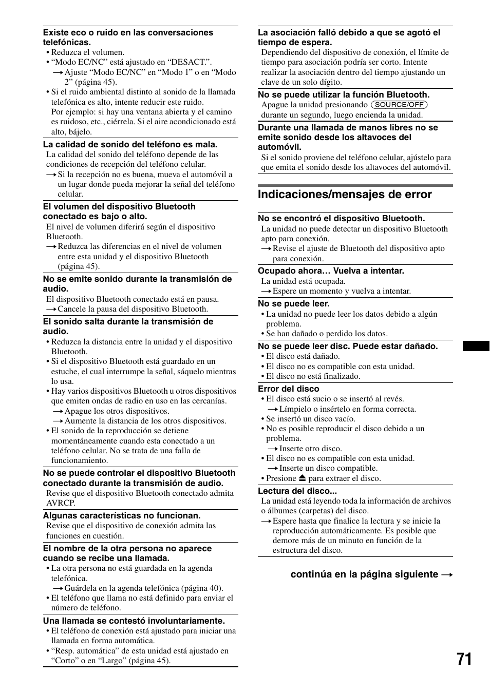 Indicaciones/mensajes de error | Sony XAV-70BT User Manual | Page 215 / 220