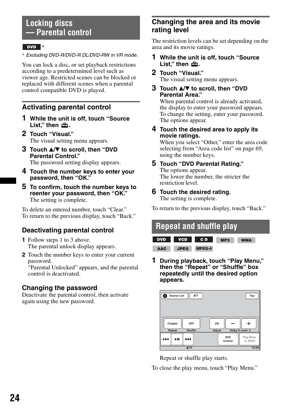 Locking discs — parental control, Activating parental control, Changing the area and its movie rating level | Repeat and shuffle play | Sony XAV-70BT User Manual | Page 24 / 220