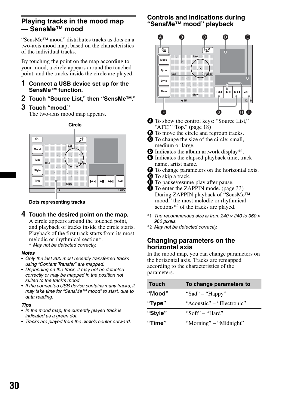 Playing tracks in the mood map — sensme™ mood, Changing parameters on the horizontal axis | Sony XAV-70BT User Manual | Page 30 / 220