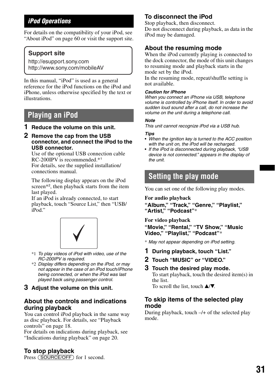 Ipod operations, Playing an ipod, Setting the play mode | Sony XAV-70BT User Manual | Page 31 / 220