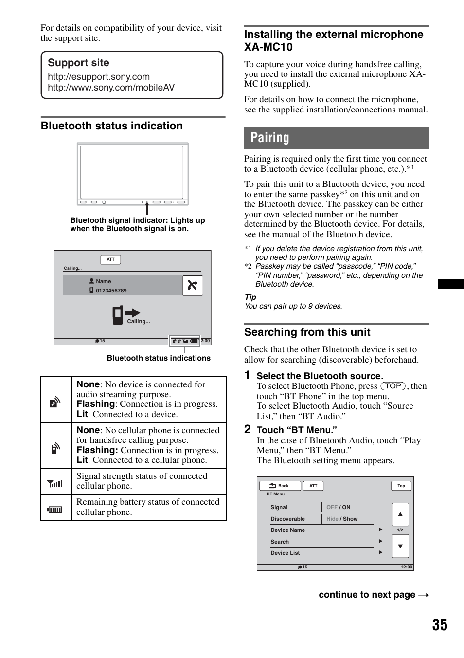 Bluetooth status indication, Installing the external microphone xa-mc10, Pairing | Searching from this unit, Support site, Continue to next page t | Sony XAV-70BT User Manual | Page 35 / 220