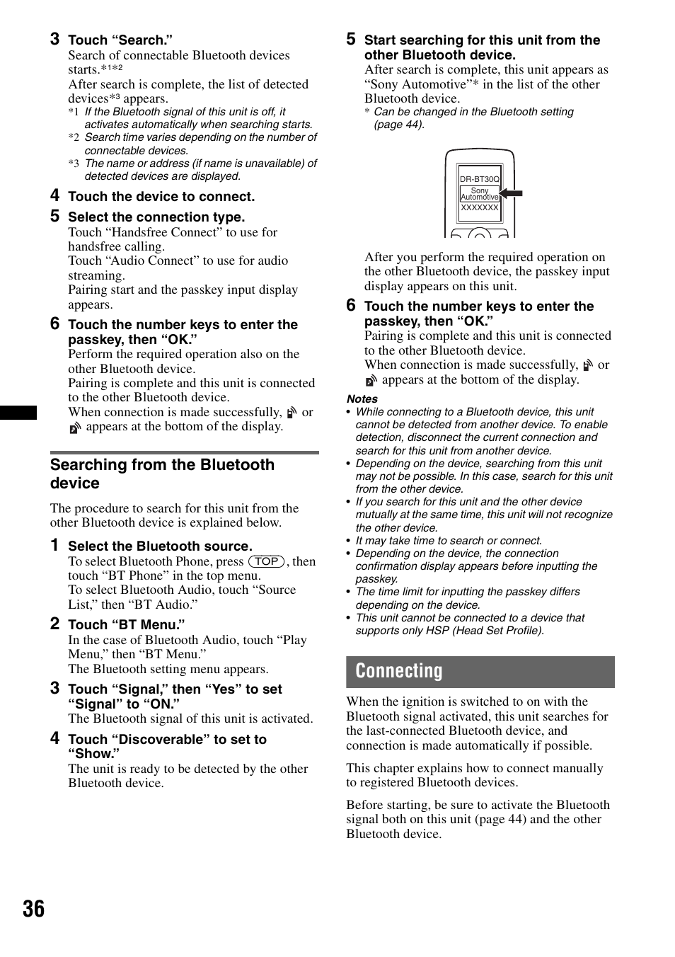 Searching from the bluetooth device, Connecting | Sony XAV-70BT User Manual | Page 36 / 220