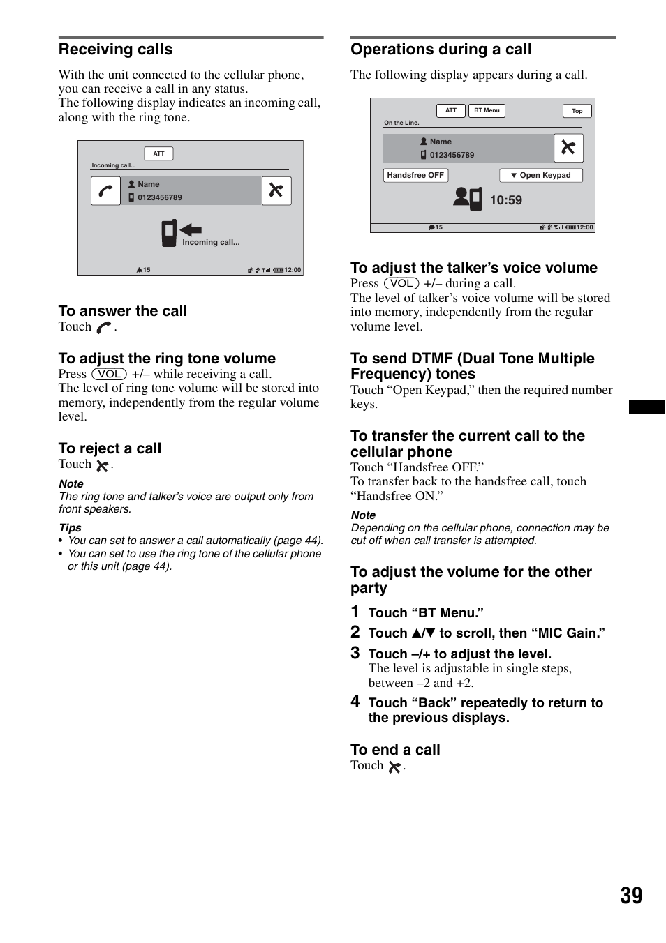 Receiving calls, Operations during a call, Receiving calls operations during a call | Sony XAV-70BT User Manual | Page 39 / 220