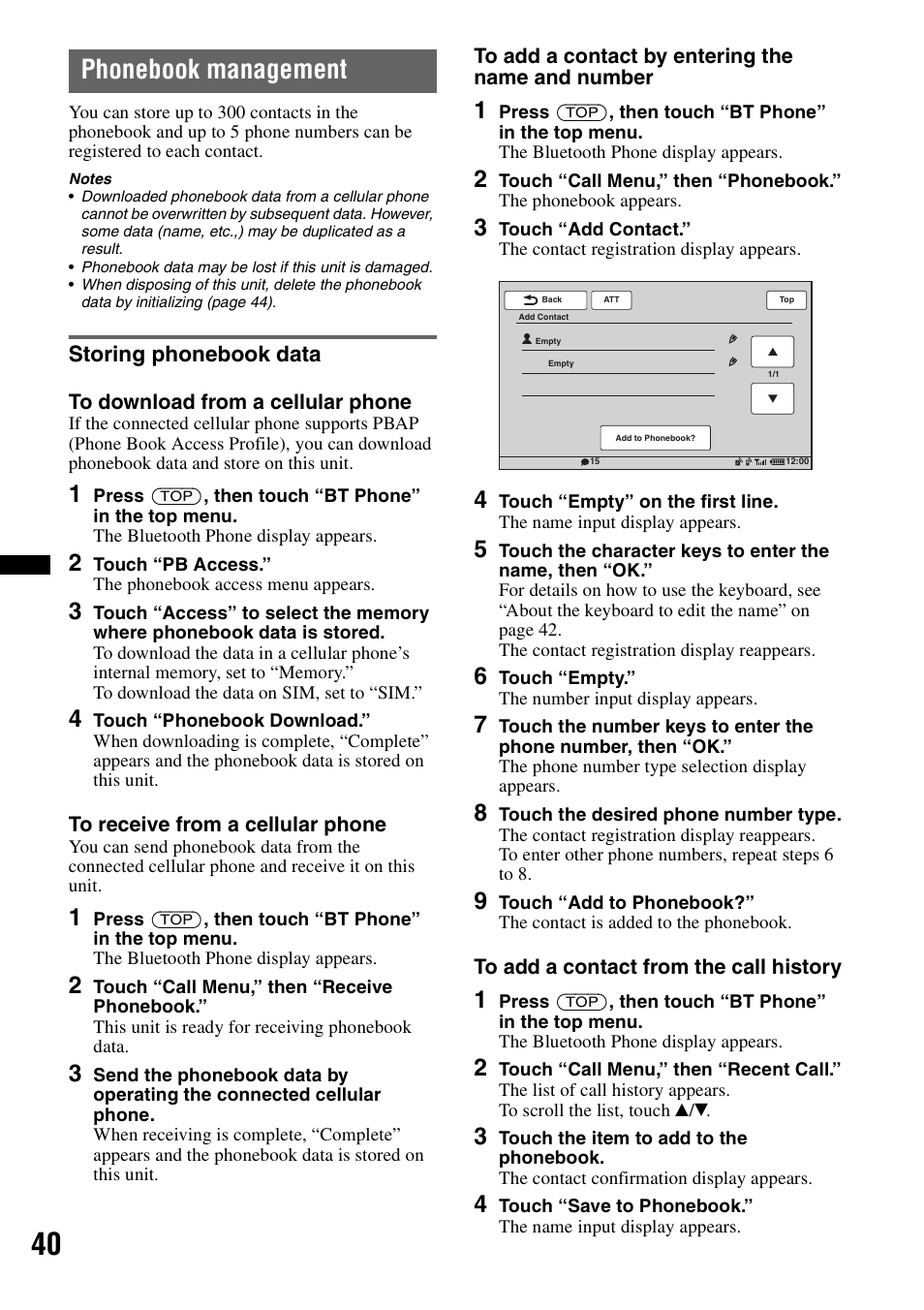 Phonebook management, Storing phonebook data | Sony XAV-70BT User Manual | Page 40 / 220