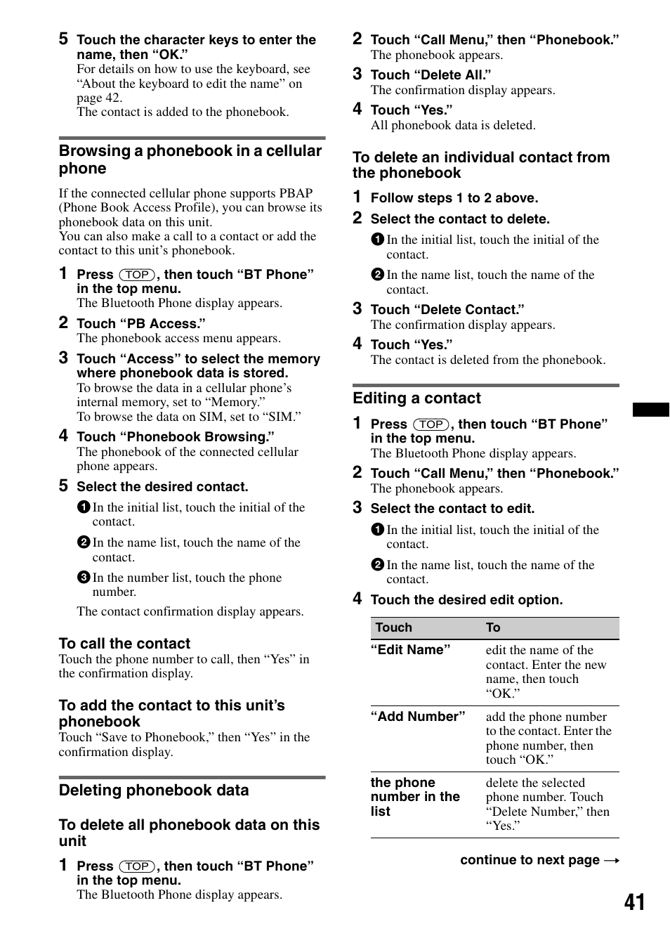 Browsing a phonebook in a cellular phone, Deleting phonebook data, Editing a contact | Sony XAV-70BT User Manual | Page 41 / 220