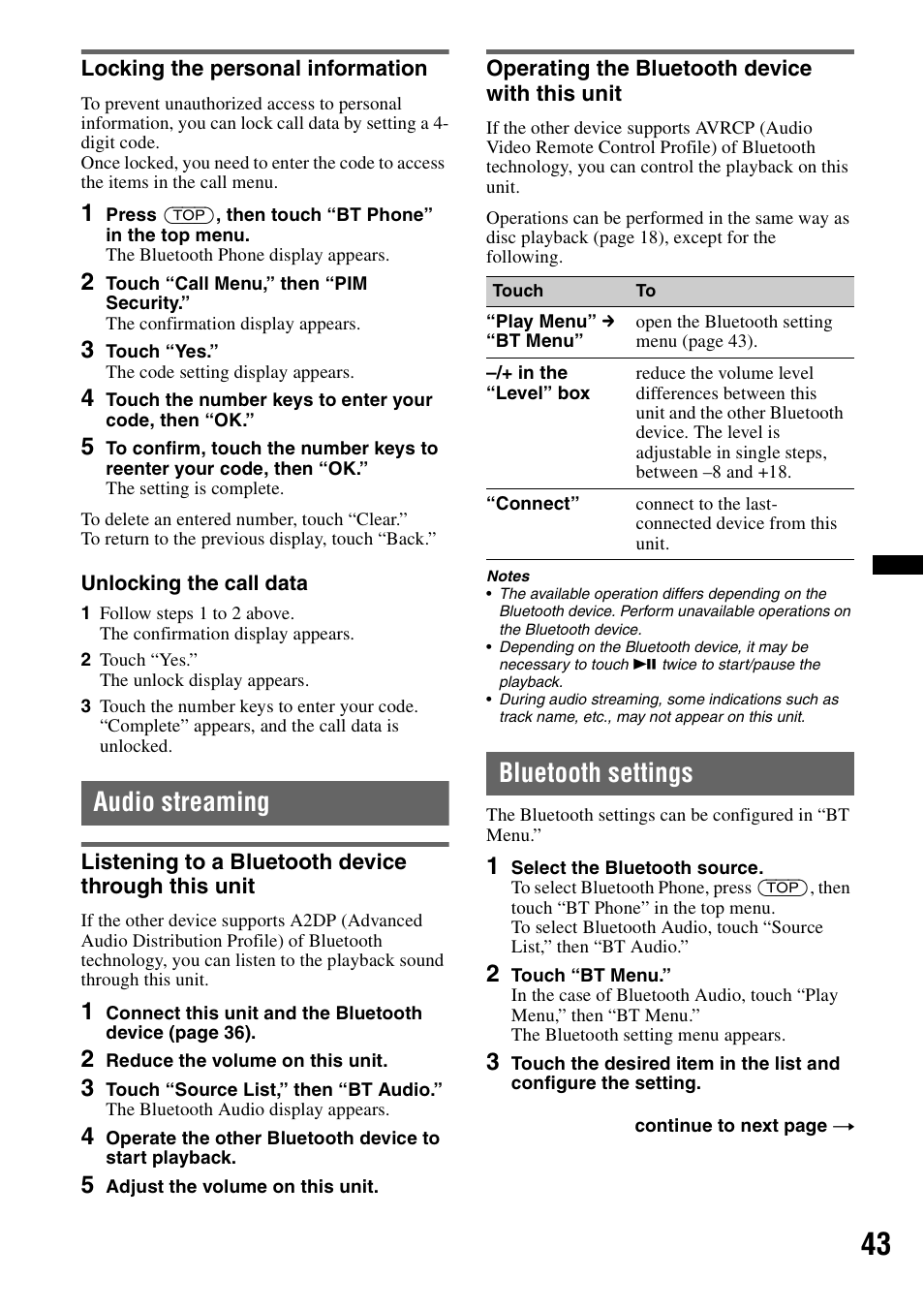 Locking the personal information, Audio streaming, Listening to a bluetooth device through this unit | Operating the bluetooth device with this unit, Bluetooth settings | Sony XAV-70BT User Manual | Page 43 / 220