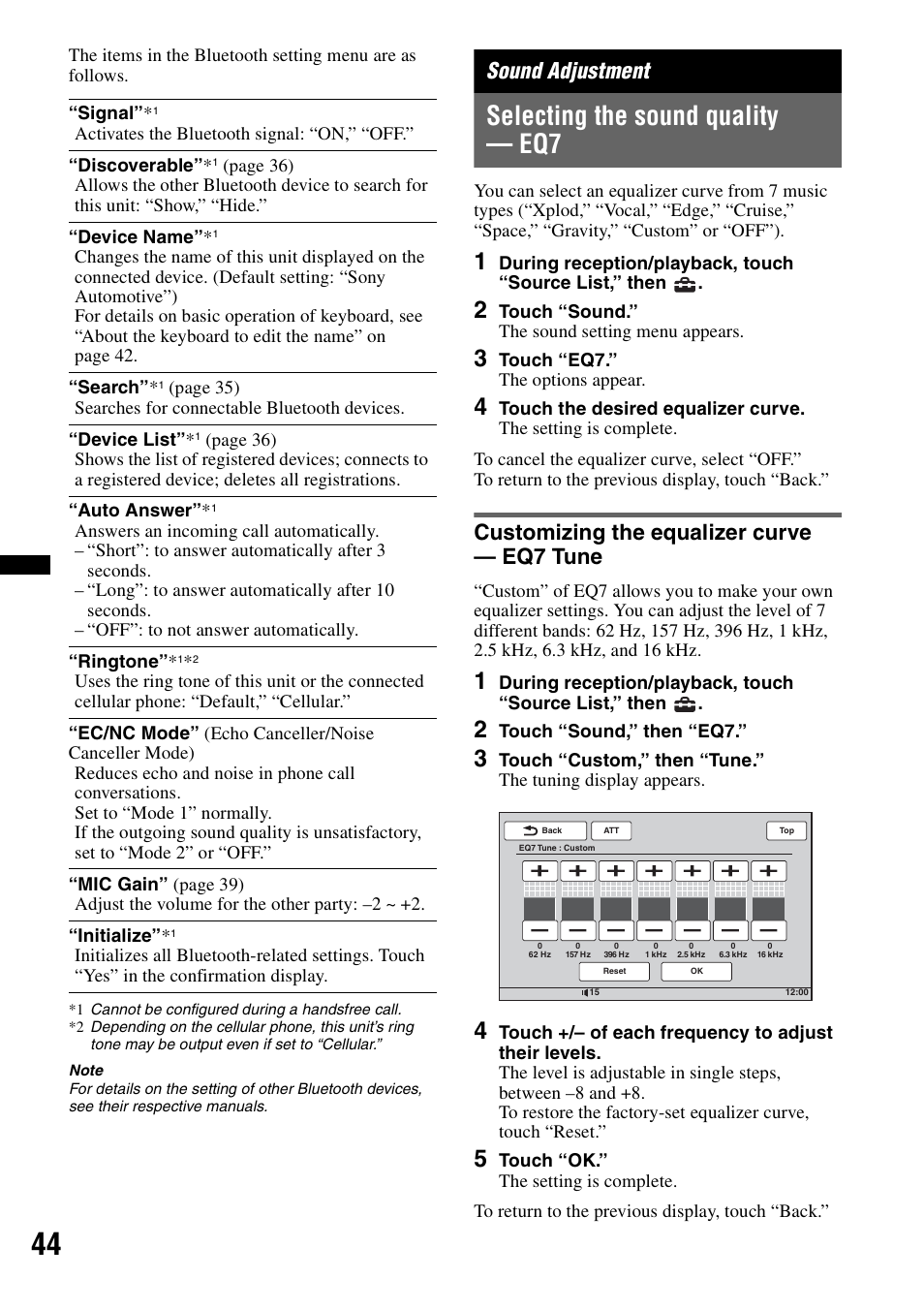 Sound adjustment, Selecting the sound quality — eq7, Customizing the equalizer curve — eq7 tune | Sony XAV-70BT User Manual | Page 44 / 220