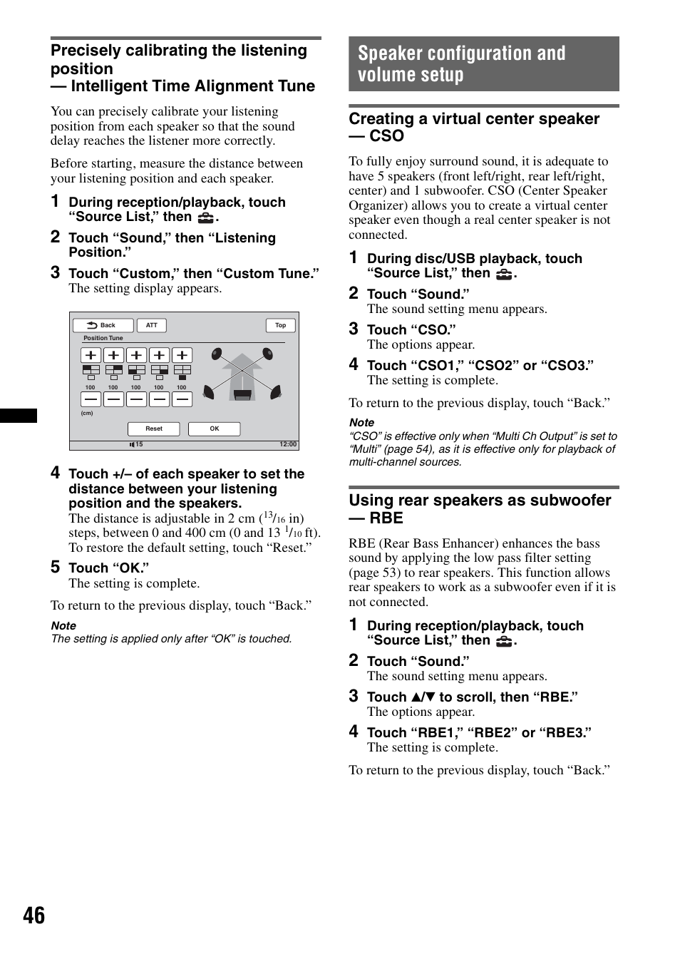 Speaker configuration and volume setup, Creating a virtual center speaker — cso, Using rear speakers as subwoofer — rbe | Sony XAV-70BT User Manual | Page 46 / 220