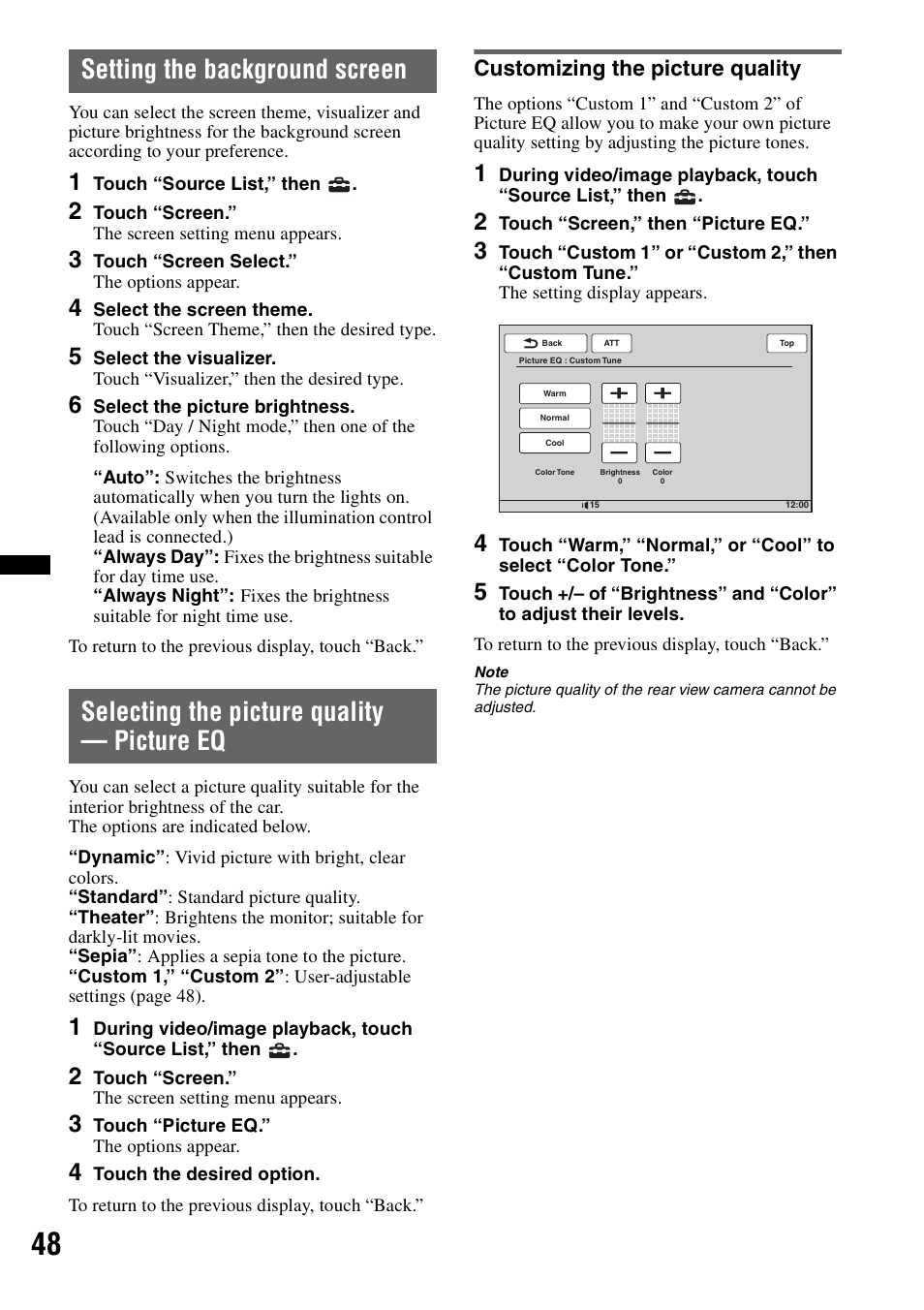 Setting the background screen, Selecting the picture quality — picture eq, Customizing the picture quality | Sony XAV-70BT User Manual | Page 48 / 220