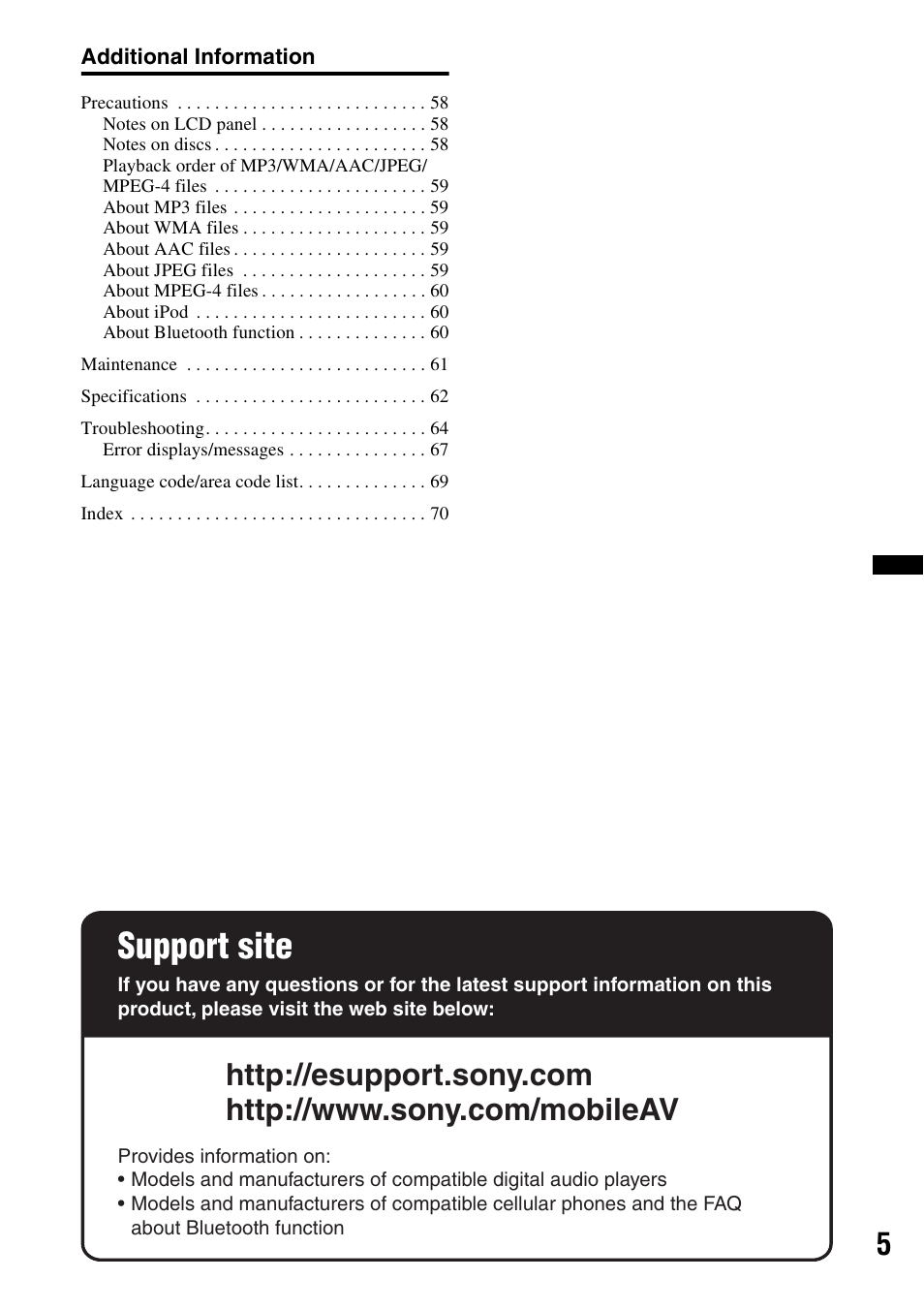 Support site | Sony XAV-70BT User Manual | Page 5 / 220