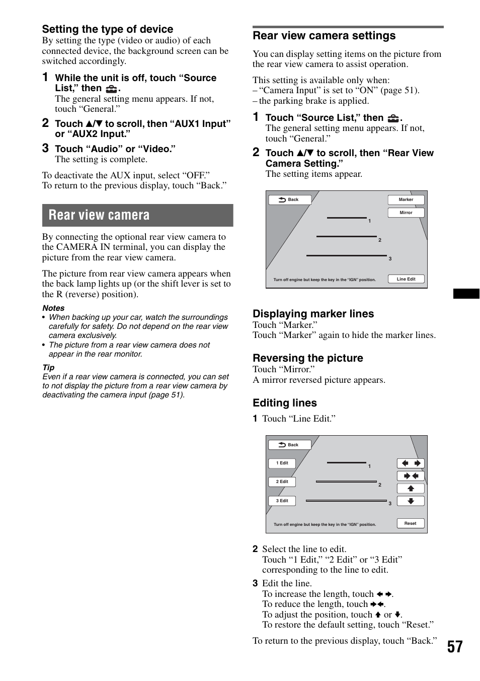 Rear view camera, Rear view camera settings, Setting the type of device | Displaying marker lines, Reversing the picture, Editing lines | Sony XAV-70BT User Manual | Page 57 / 220