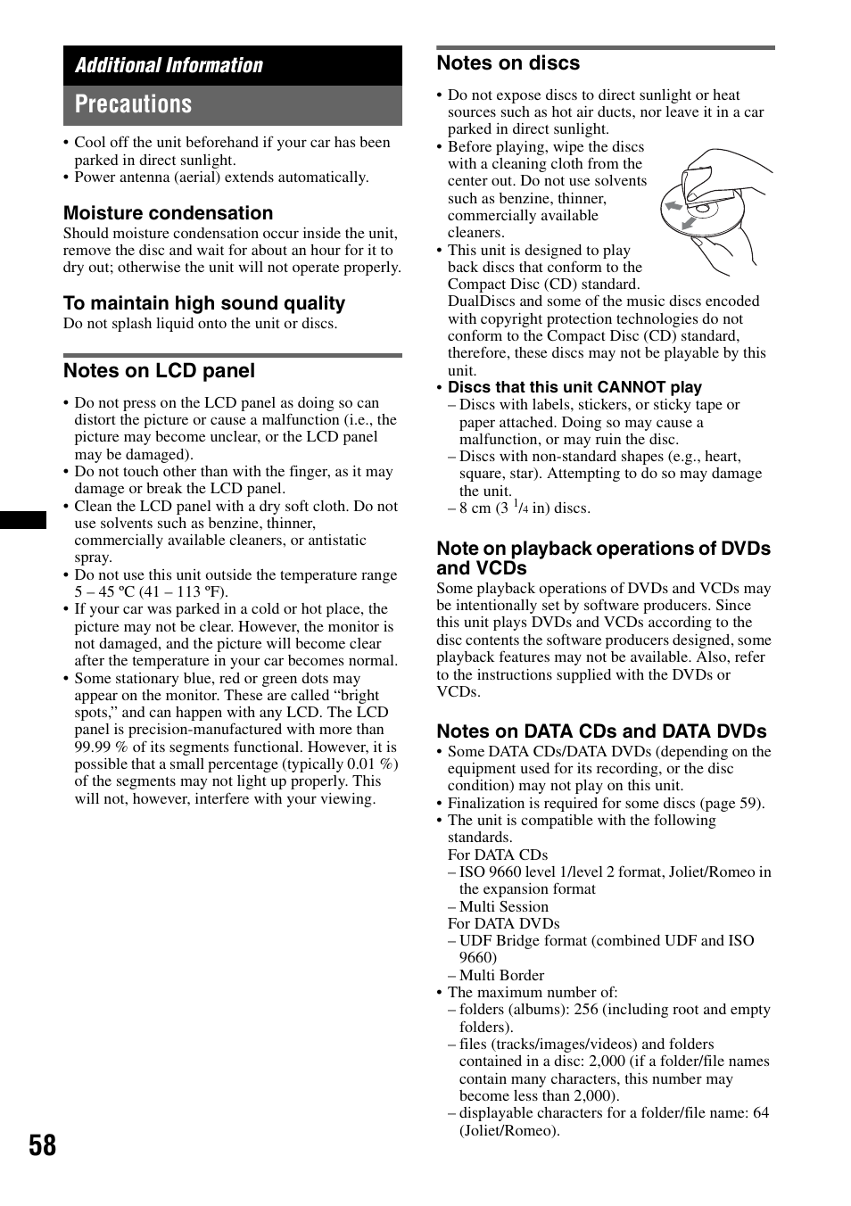 Additional information, Precautions, Notes on lcd panel | Notes on discs, Notes on lcd panel notes on discs | Sony XAV-70BT User Manual | Page 58 / 220