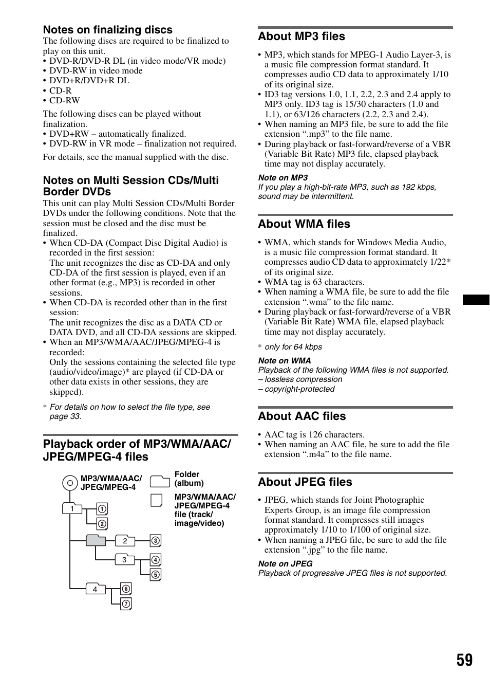 Playback order of mp3/wma/aac/jpeg/mpeg-4 files, About mp3 files, About wma files | About aac files, About jpeg files | Sony XAV-70BT User Manual | Page 59 / 220