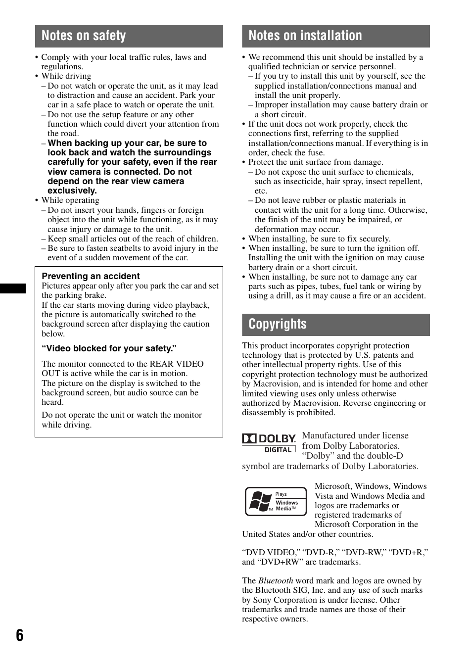 Notes on safety, Notes on installation, Copyrights | Sony XAV-70BT User Manual | Page 6 / 220