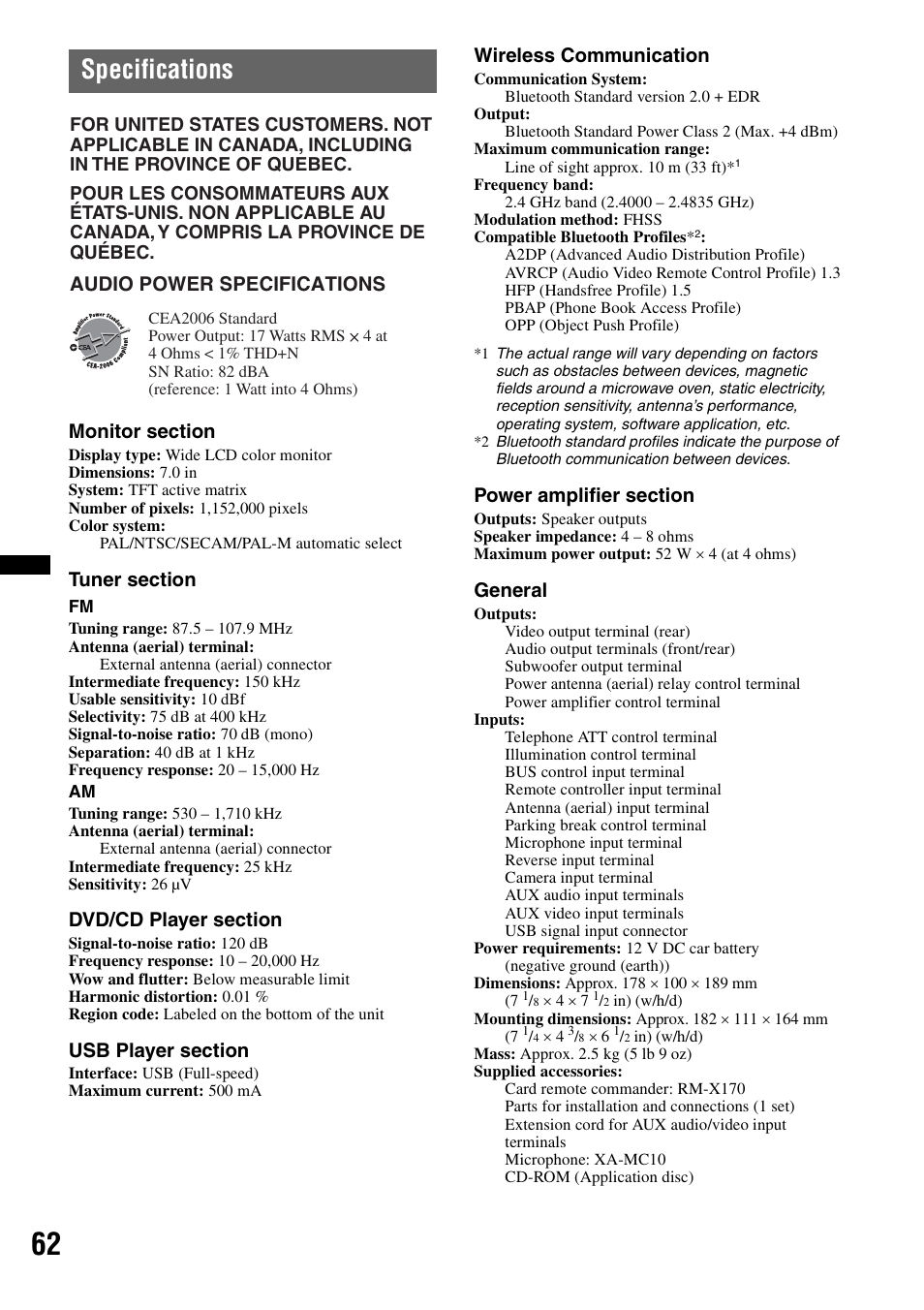 Specifications, Wireless communication, General | Audio power specifications | Sony XAV-70BT User Manual | Page 62 / 220