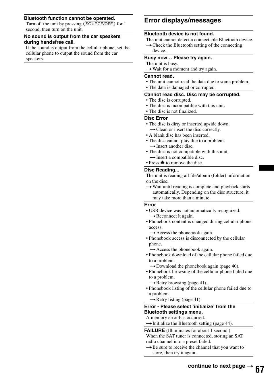 Error displays/messages | Sony XAV-70BT User Manual | Page 67 / 220