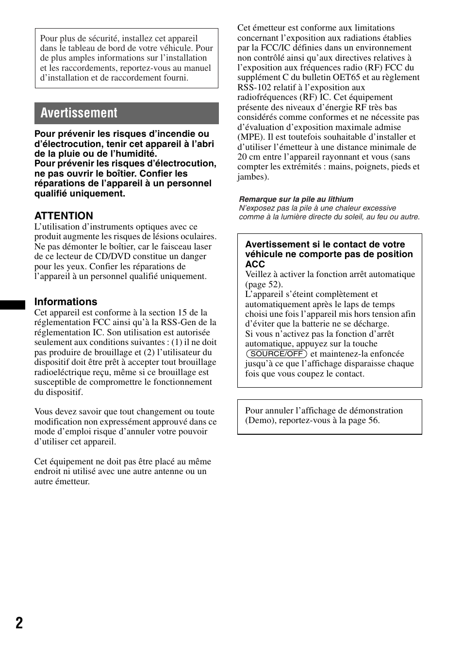 Avertissement | Sony XAV-70BT User Manual | Page 72 / 220