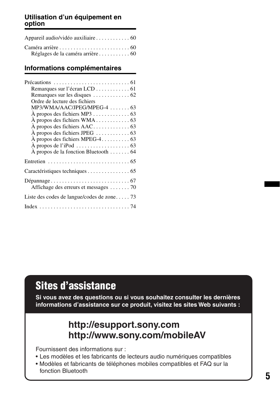 Sites d’assistance | Sony XAV-70BT User Manual | Page 75 / 220