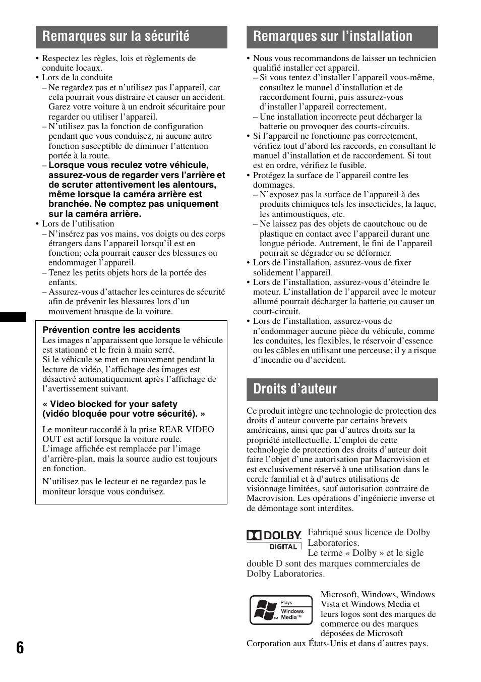 Remarques sur la sécurité, Remarques sur l’installation, Droits d’auteur | Sony XAV-70BT User Manual | Page 76 / 220