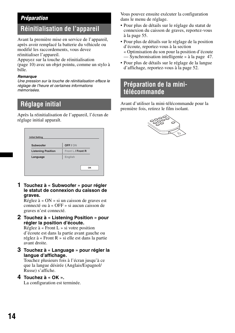 Préparation, Réinitialisation de l’appareil, Réglage initial | Préparation de la mini- télécommande, Préparation de la mini-télécommande | Sony XAV-70BT User Manual | Page 84 / 220