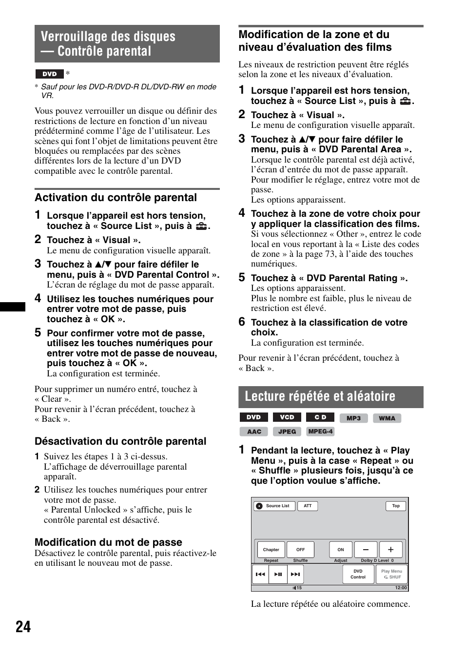 Verrouillage des disques — contrôle parental, Activation du contrôle parental, Lecture répétée et aléatoire | Sony XAV-70BT User Manual | Page 94 / 220