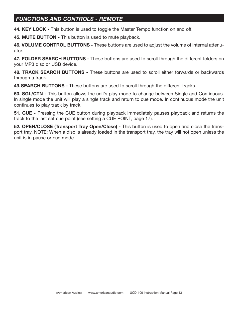 Functions and controls - remote | American Audio UCD-100 User Manual | Page 13 / 31