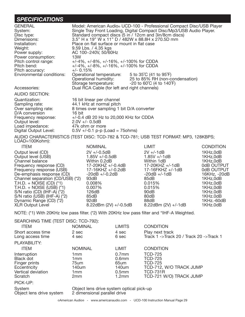 Specifications | American Audio UCD-100 User Manual | Page 29 / 31