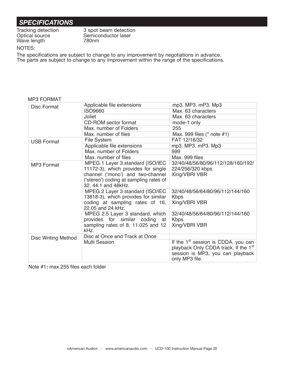Specifications | American Audio UCD-100 User Manual | Page 30 / 31