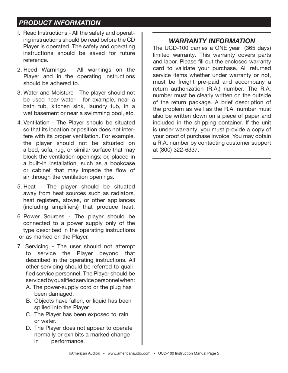 Product information warranty information | American Audio UCD-100 User Manual | Page 5 / 31