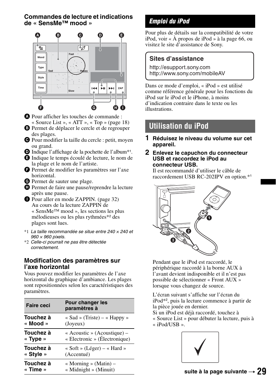 Emploi du ipod, Utilisation du ipod, Modification des paramètres sur l’axe horizontal | Sites d’assistance | Sony XAV-622 User Manual | Page 101 / 228