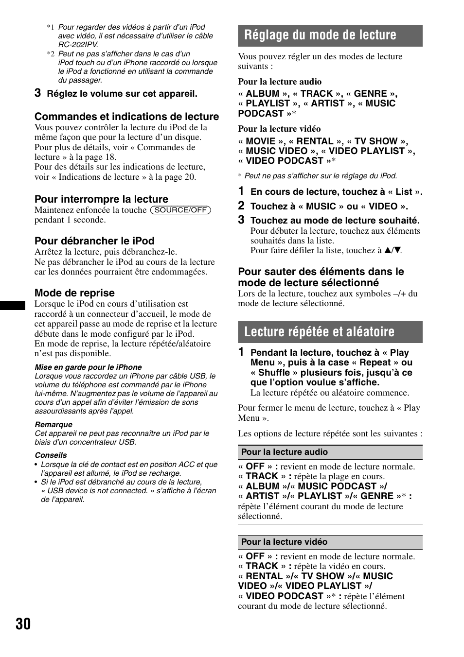 Réglage du mode de lecture, Lecture répétée et aléatoire | Sony XAV-622 User Manual | Page 102 / 228