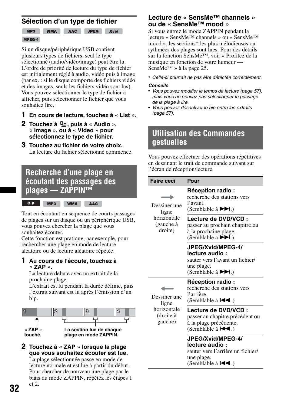 Sélection d’un type de fichier, Utilisation des commandes gestuelles | Sony XAV-622 User Manual | Page 104 / 228