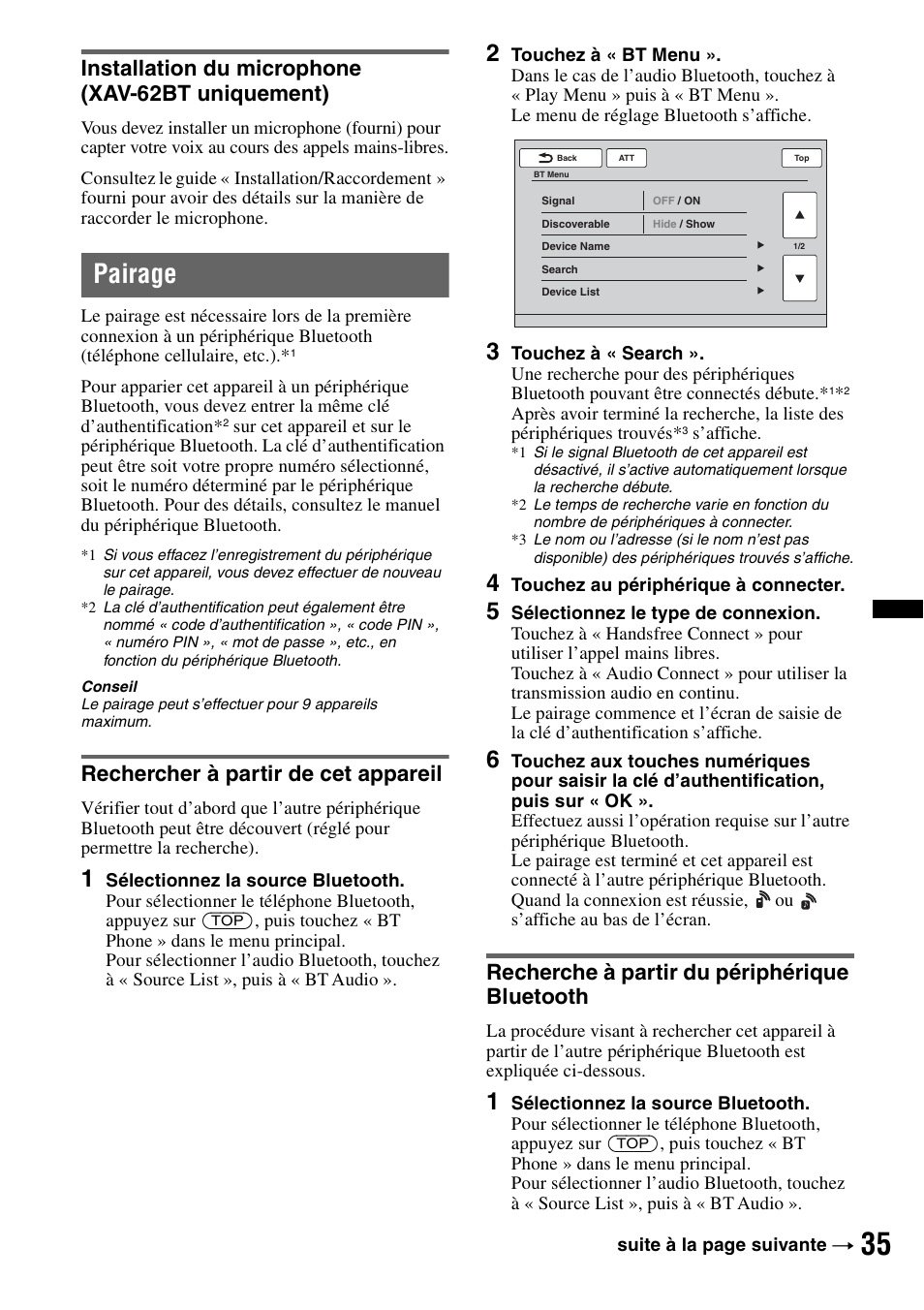 Installation du microphone (xav-62bt uniquement), Pairage, Rechercher à partir de cet appareil | Recherche à partir du périphérique bluetooth | Sony XAV-622 User Manual | Page 107 / 228