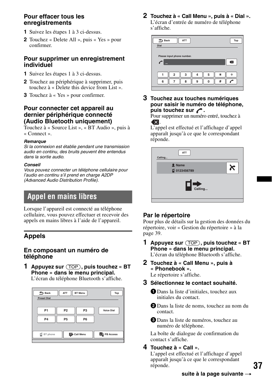 Appel en mains libres, Appels, Pour effacer tous les enregistrements | Pour supprimer un enregistrement individuel, En composant un numéro de téléphone, Par le répertoire | Sony XAV-622 User Manual | Page 109 / 228