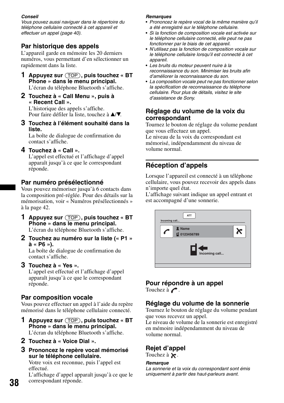 Réception d’appels | Sony XAV-622 User Manual | Page 110 / 228