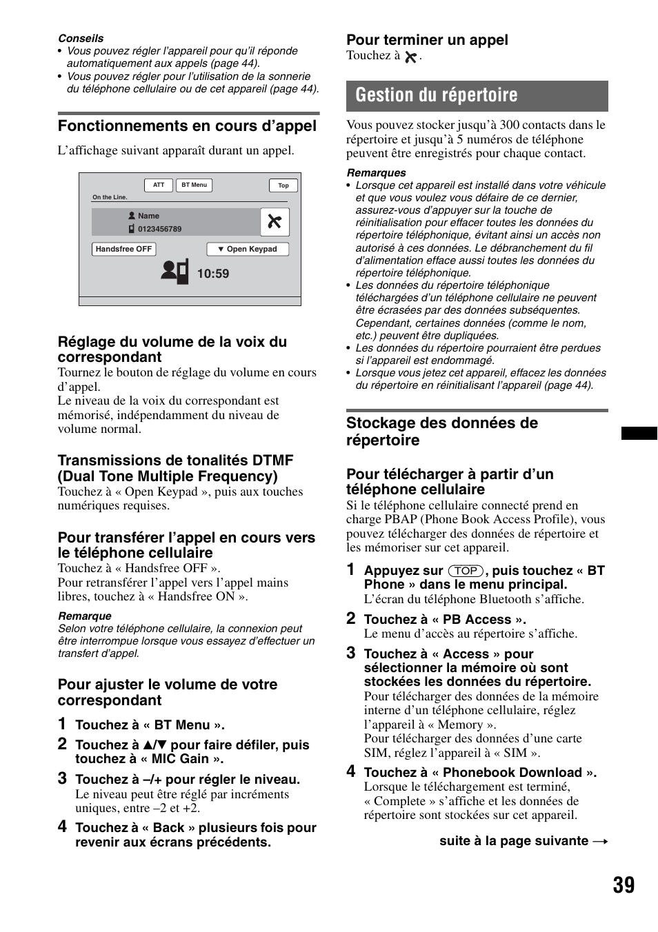 Fonctionnements en cours d’appel, Gestion du répertoire, Stockage des données de répertoire | Sony XAV-622 User Manual | Page 111 / 228